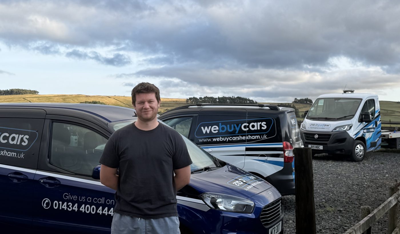 John James with the We Buy Cars Hexham fleet of branded vans and the transporter, 2026
